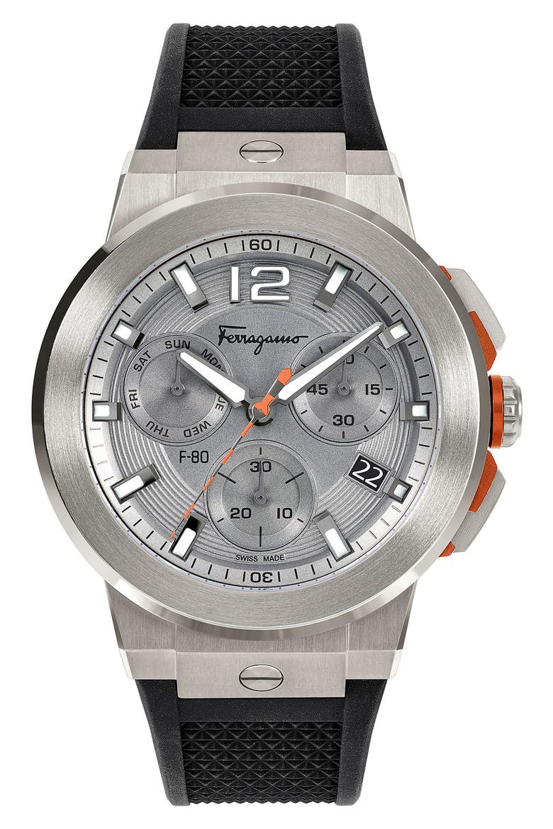 F-80 Titanium Tech Chronograph Silicone Strap Watch, 44mm, Main, color, TITANIUM BLACK/ SILVER