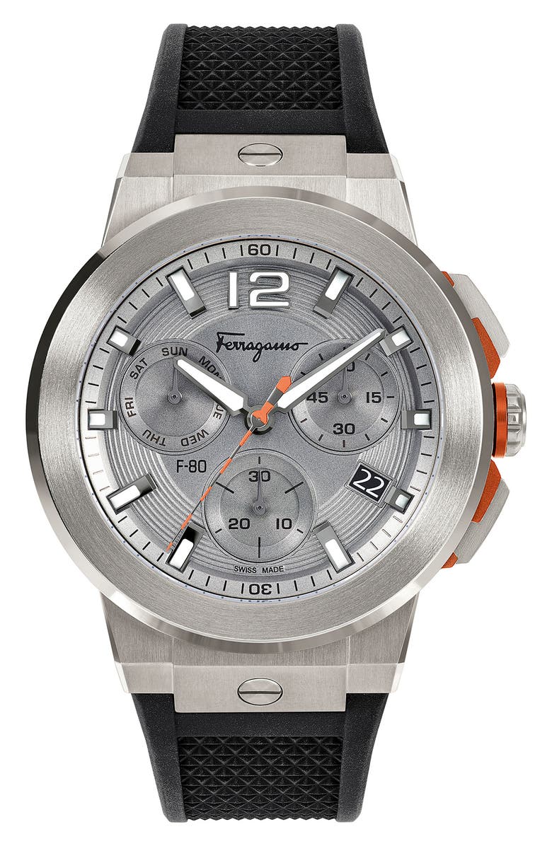 FERRAGAMO F-80 Titanium Tech Chronograph Silicone Strap Watch, 44mm, Main, color, 