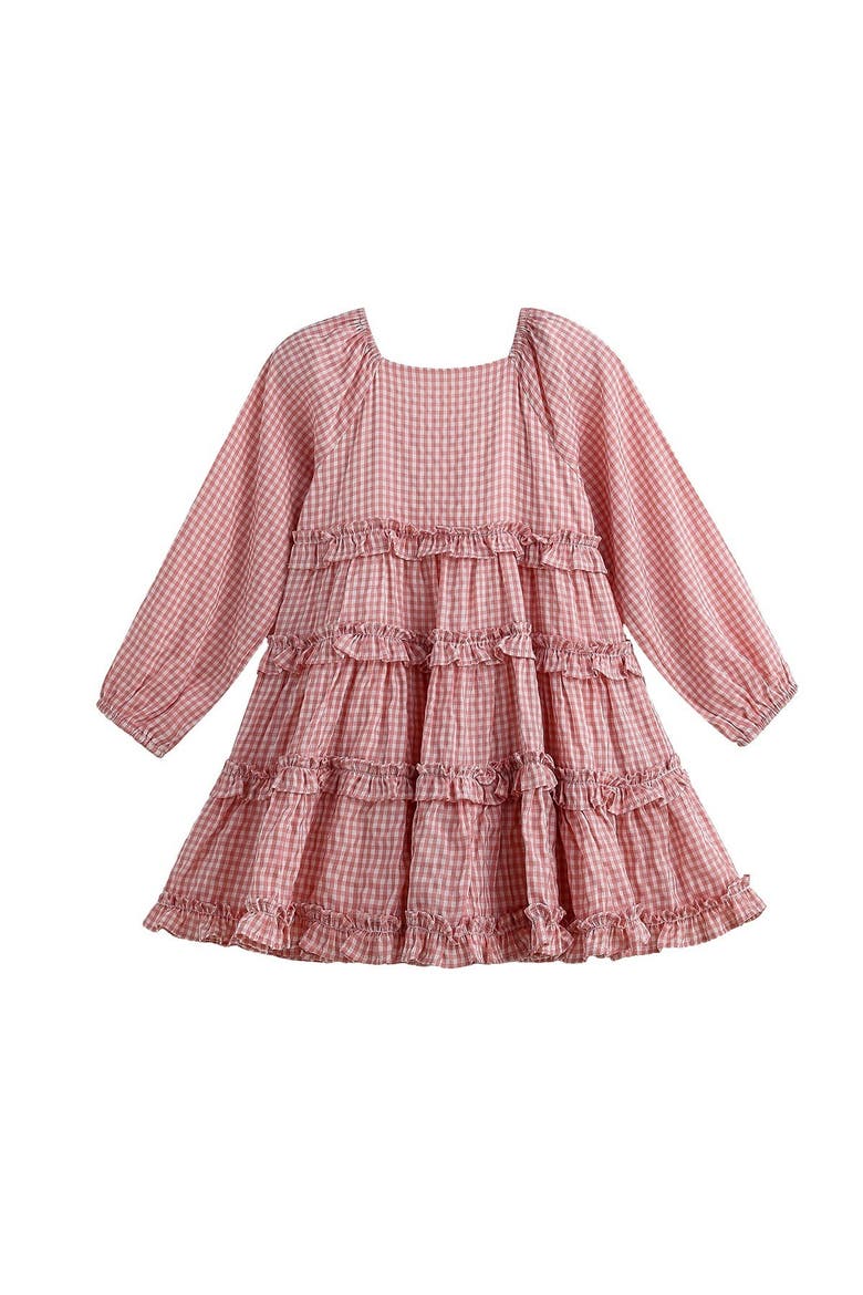 Rosie Posie Long Sleeve Gingham Tiered Ruffle Dress, Main, color, Pink