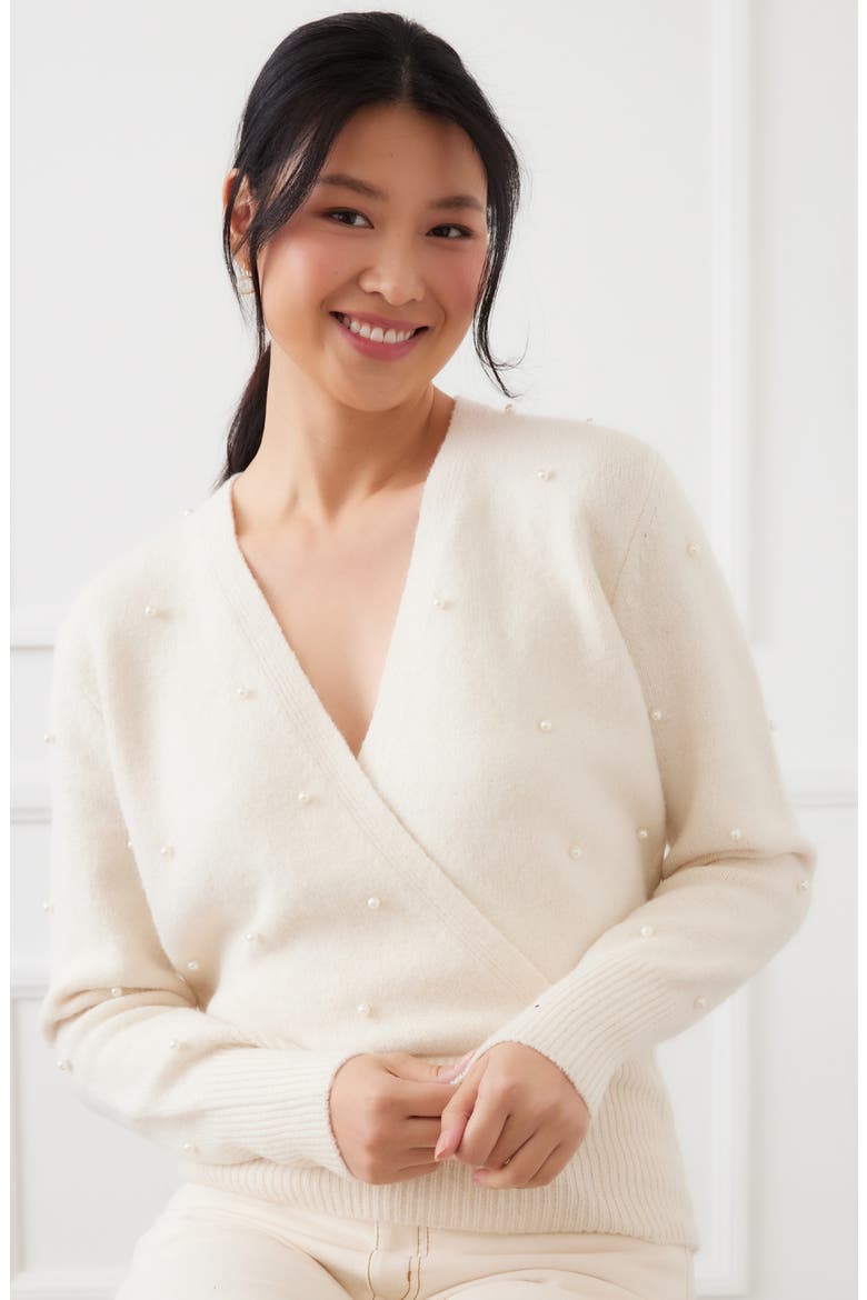 Faux Pearl Embellished Wrap Sweater, Alternate, color, CREAM