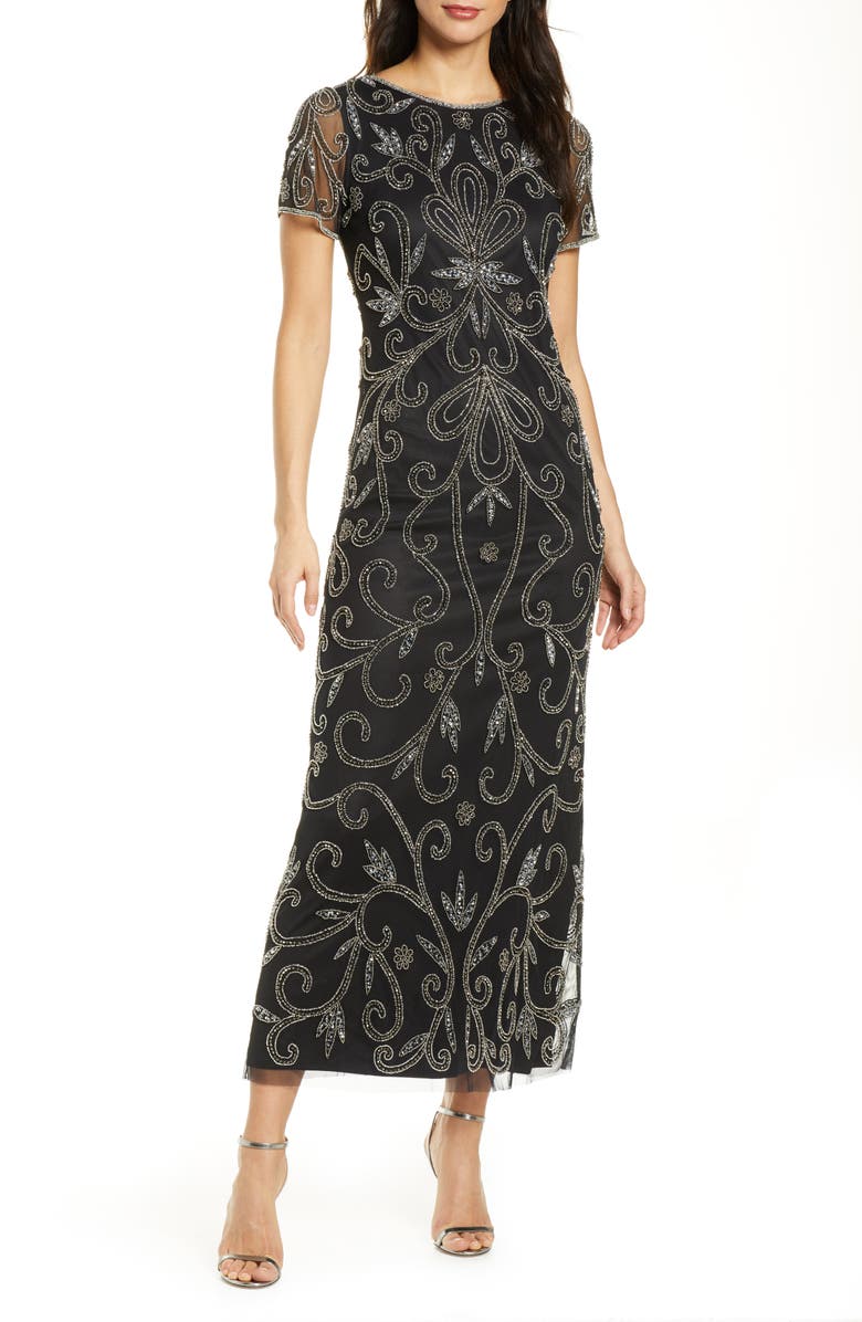 Pisarro Nights Beaded Illusion Mesh A-Line Gown, Main, color,