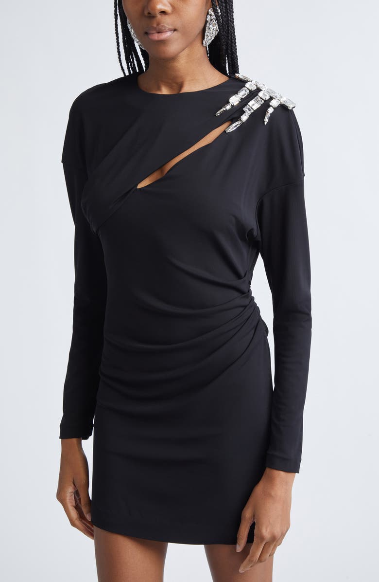 Area Crystal Cluster Draped Long Sleeve Jersey Minidress, Alternate, color, Black