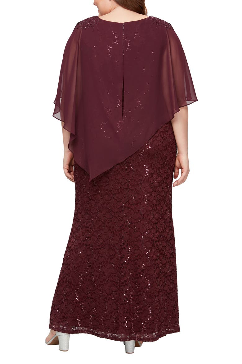 Sequin Floral Lace Dress with Capelet, Alternate, color, FIG