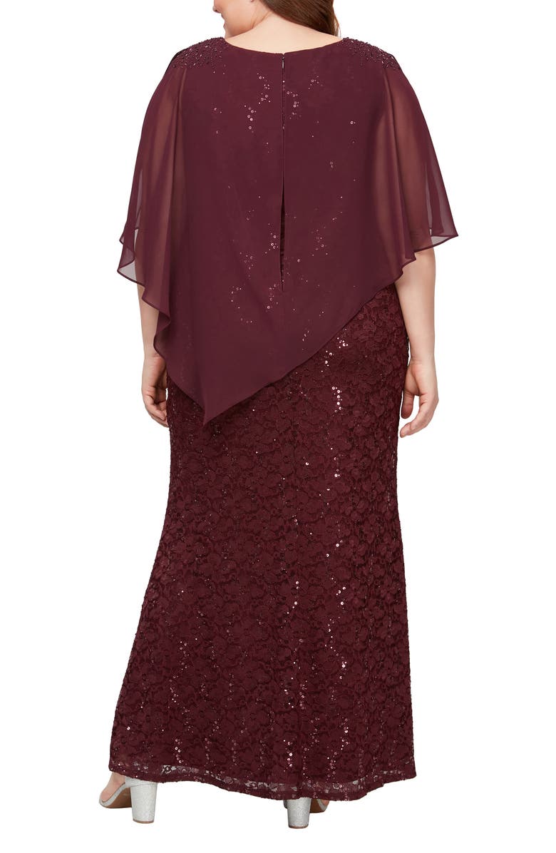 SL FASHIONS Sequin Floral Lace Dress with Capelet, Alternate, color, Fig