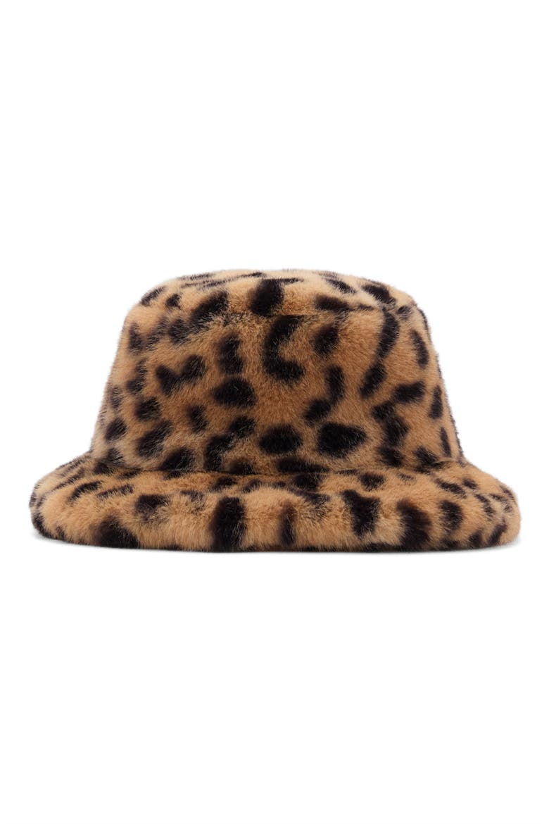 Leopard Faux Fur Bucket Hat, Main, color, BROWN