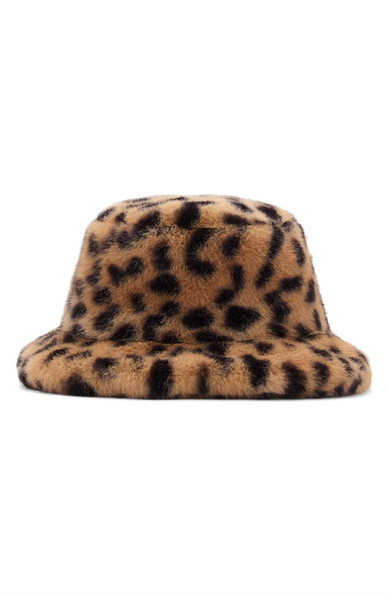 MANGO Leopard Faux Fur Bucket Hat, Main, color, 