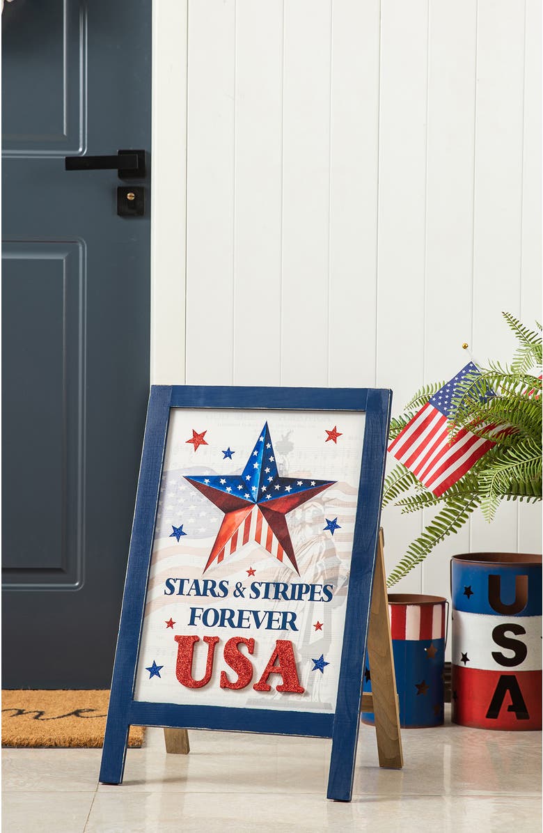 Glitzhome Patriotic Americana Wooden Easel Porch Decor, Alternate, color, Blue