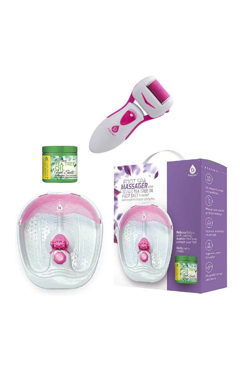PURSONIC Ultimate Foot Care Bundle Foot Spa Massager with Tea Tree Oil Foot Salt Scrub (Warming Function), Battery Operated Callus Remover, Foot Spa, and Foot Smoother, Main, color, Pink