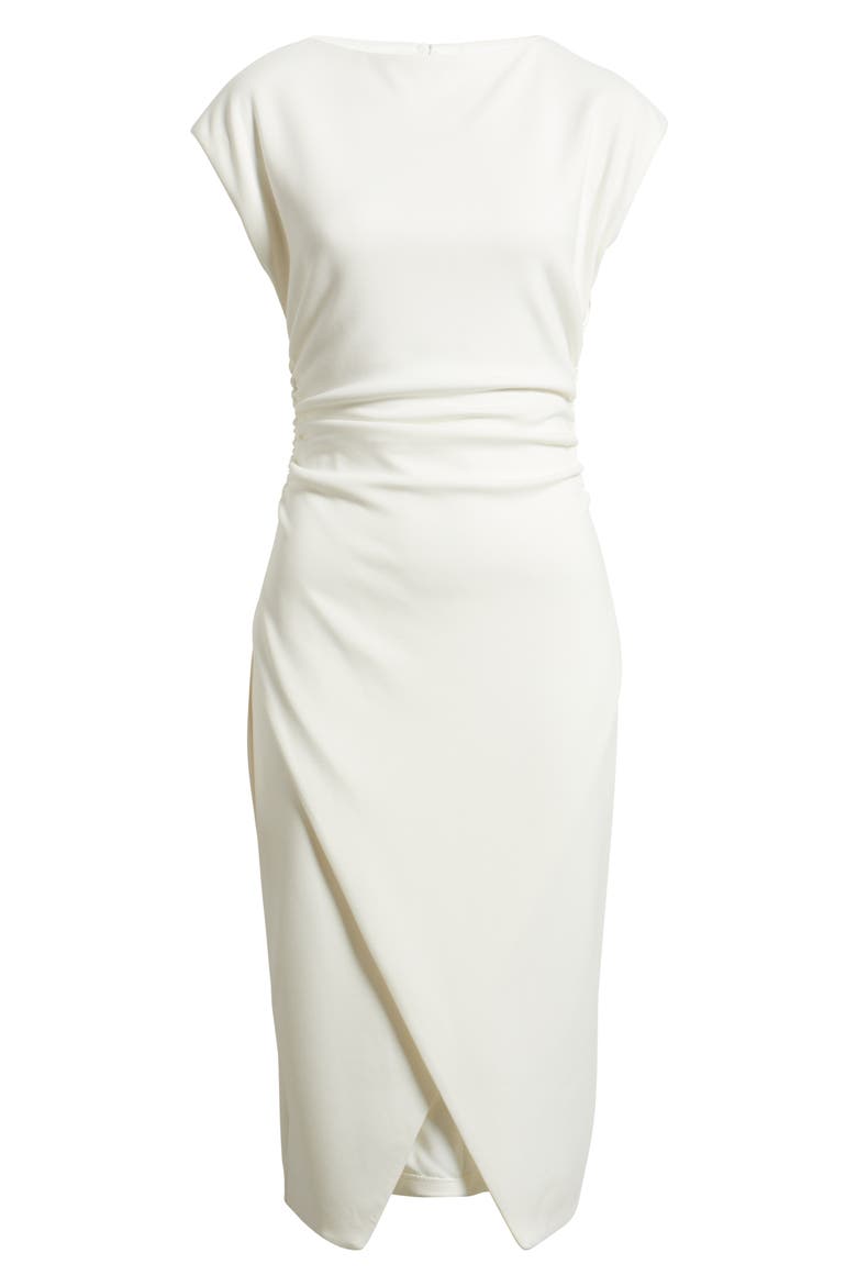 Cap Sleeve Ruched Scuba Crepe Midi Dress, Alternate, color, IVORY