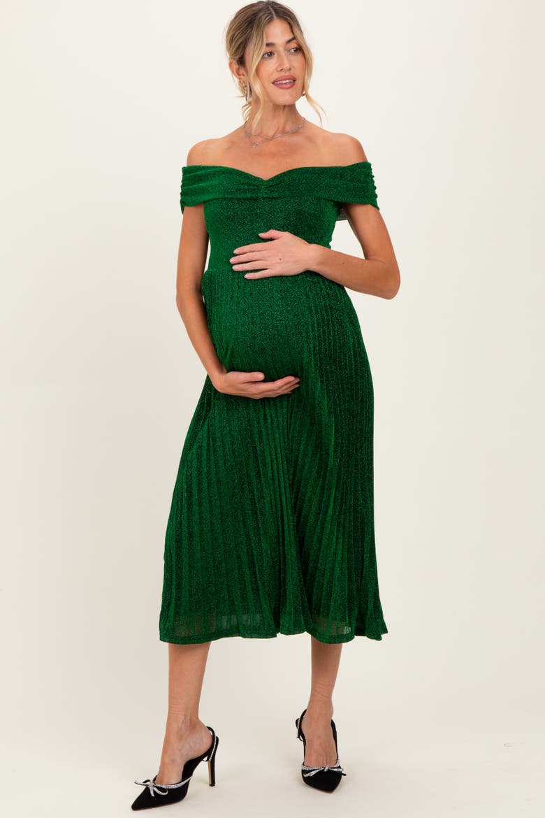Shimmer Off Shoulder Pleated Midi Dress, Alternate, color, Forest Green