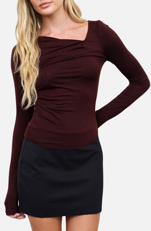 Asymmetrical Neck Ruched Long Sleeve Knit Top