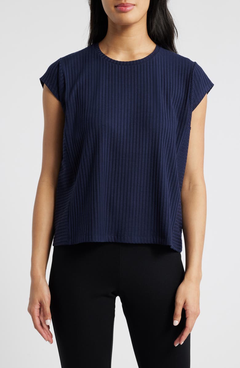 Eileen Fisher Crewneck Cap Sleeve Ribbed T-Shirt, Main, color, Ink