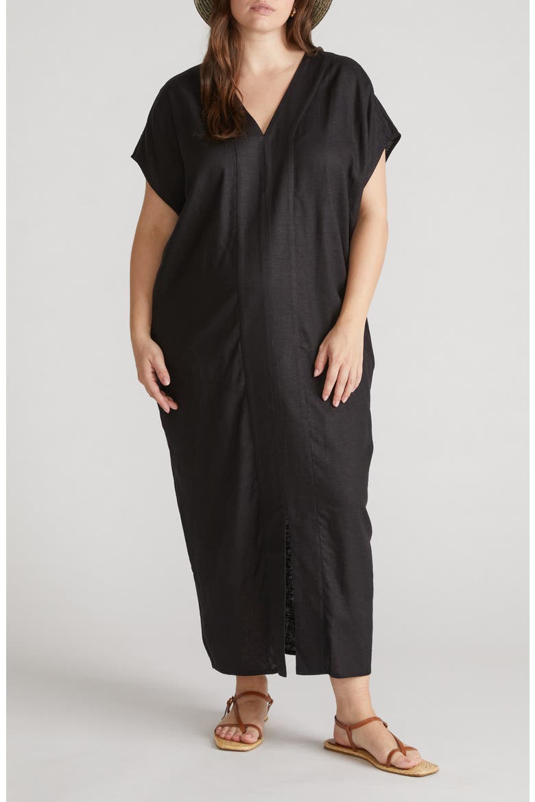 Cabana Linen Blend Caftan Dress, Main, color, BLACK
