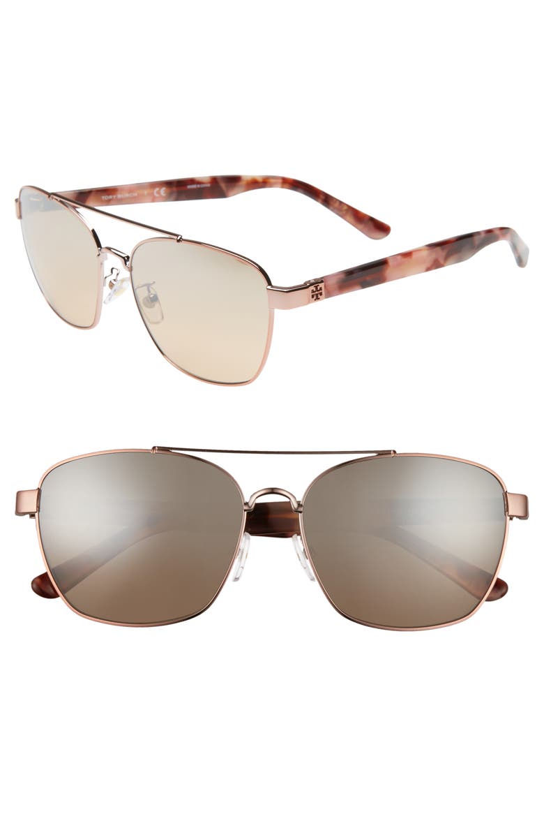 Tory Burch 57mm Gradient Navigator Sunglasses, Main, color, Rose Gold/ Gradient Mirror
