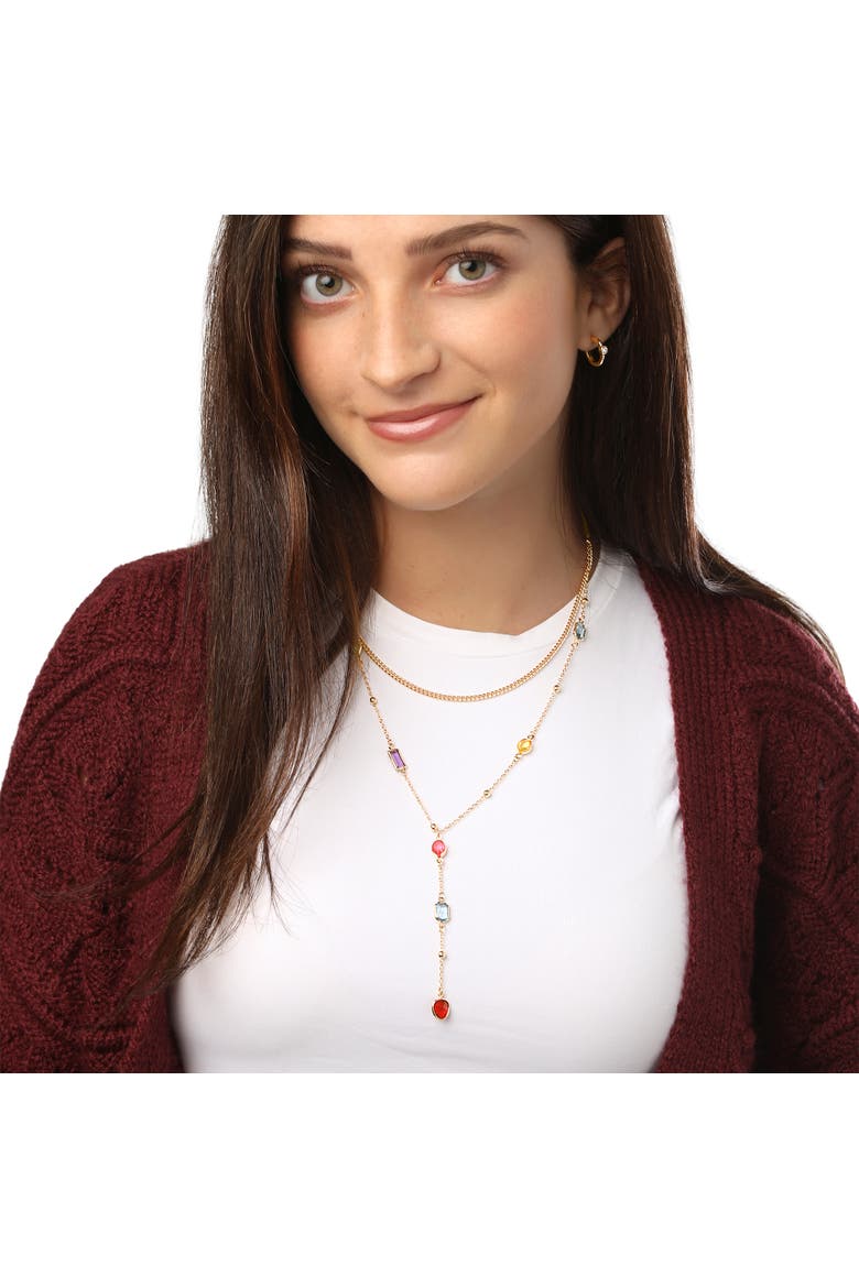 Gold-Tone Layered Necklace for Women with Multicolored Gems | Double Strand Necklace, Short Gold and Lariat Necklace, Gemstone Embellishments, Alternate, color, Gold-Tone
