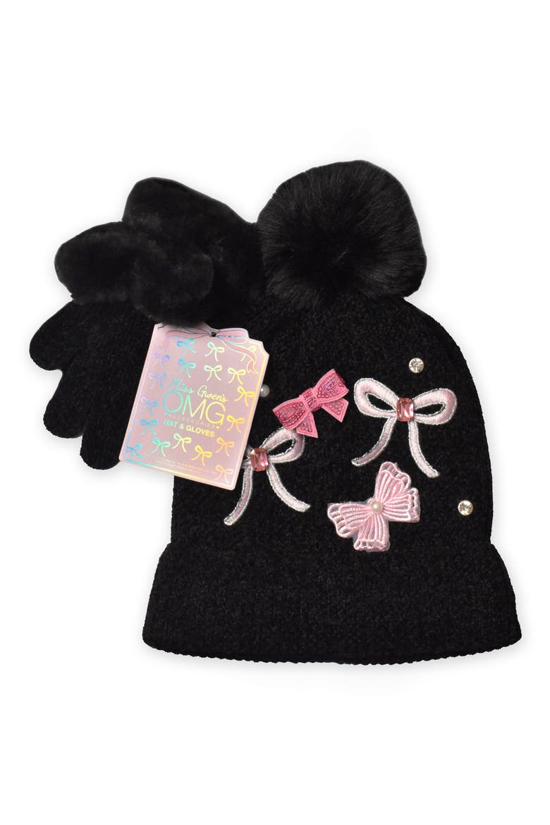 Kids' Faux Fur Pompom Bow Gem Chenille Beanie & Gloves Set, Alternate, color, BLACK