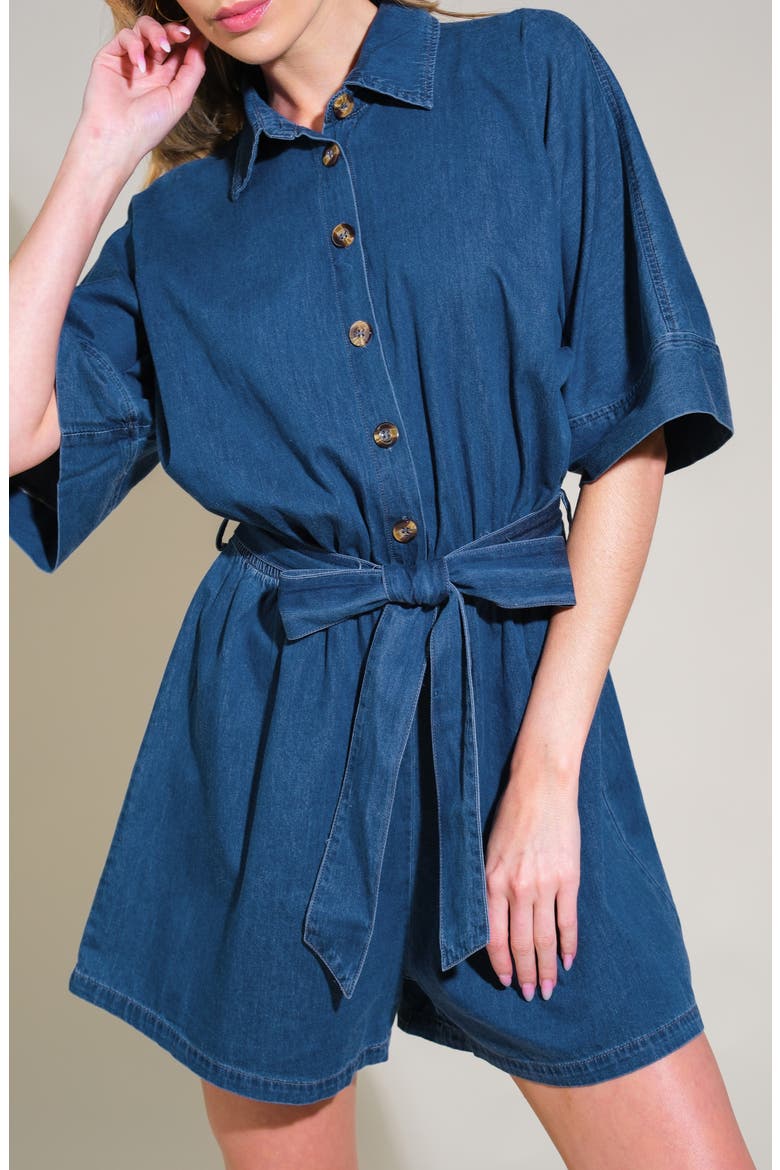 Chambray Tie Waist Romper, Alternate, color, MEDIUM INDIGO
