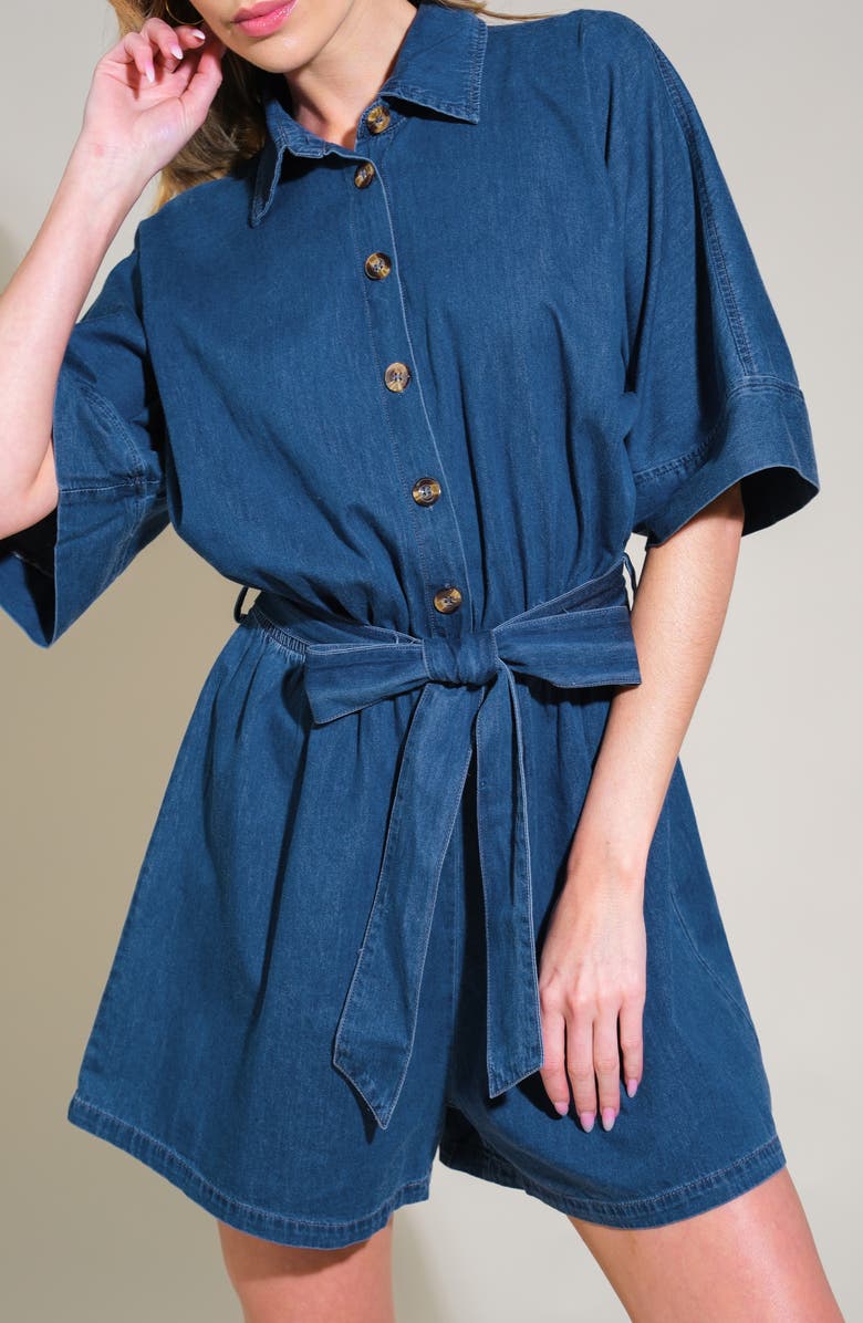 FLYING TOMATO Chambray Tie Waist Romper, Alternate, color, Medium Indigo