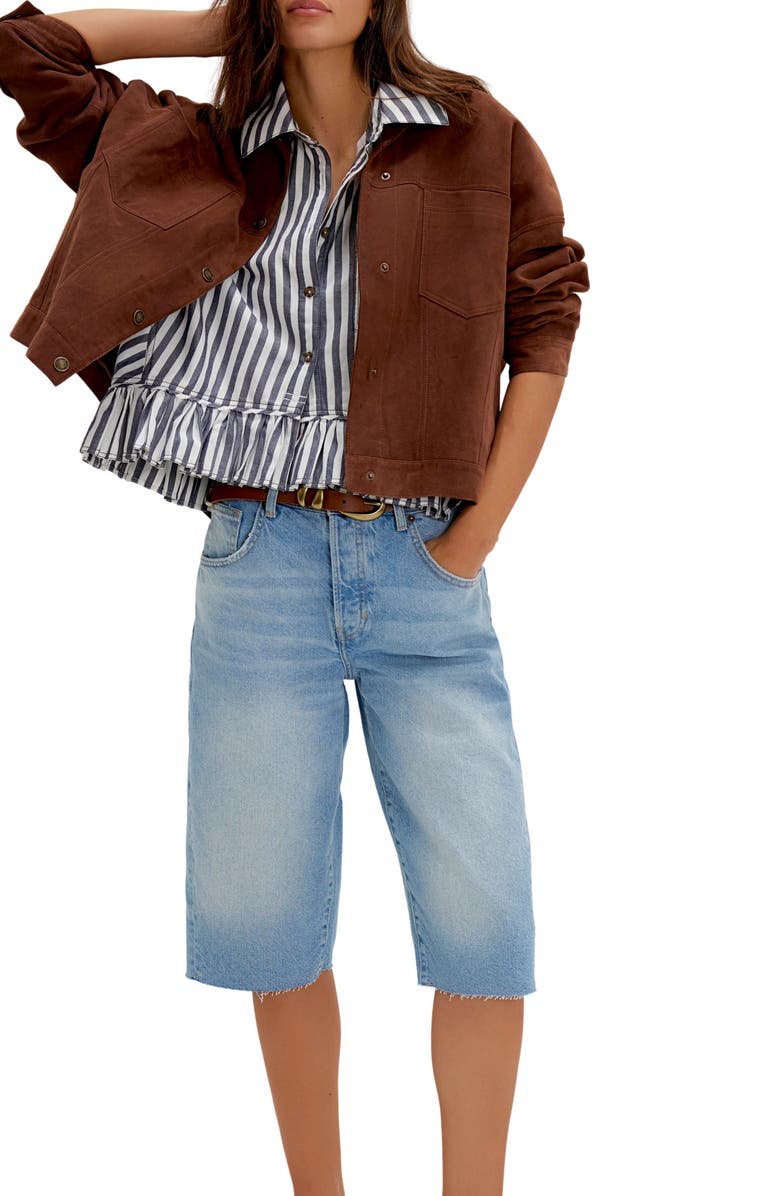 Free People Bailey Stripe Ruffle Hem Cotton Button-Up Shirt, Alternate, color, Nautical Navy Combo