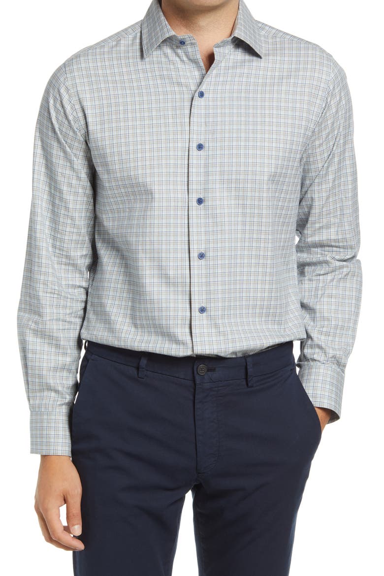 Trim Fit Check Dress Shirt, Main, color, BLUE
