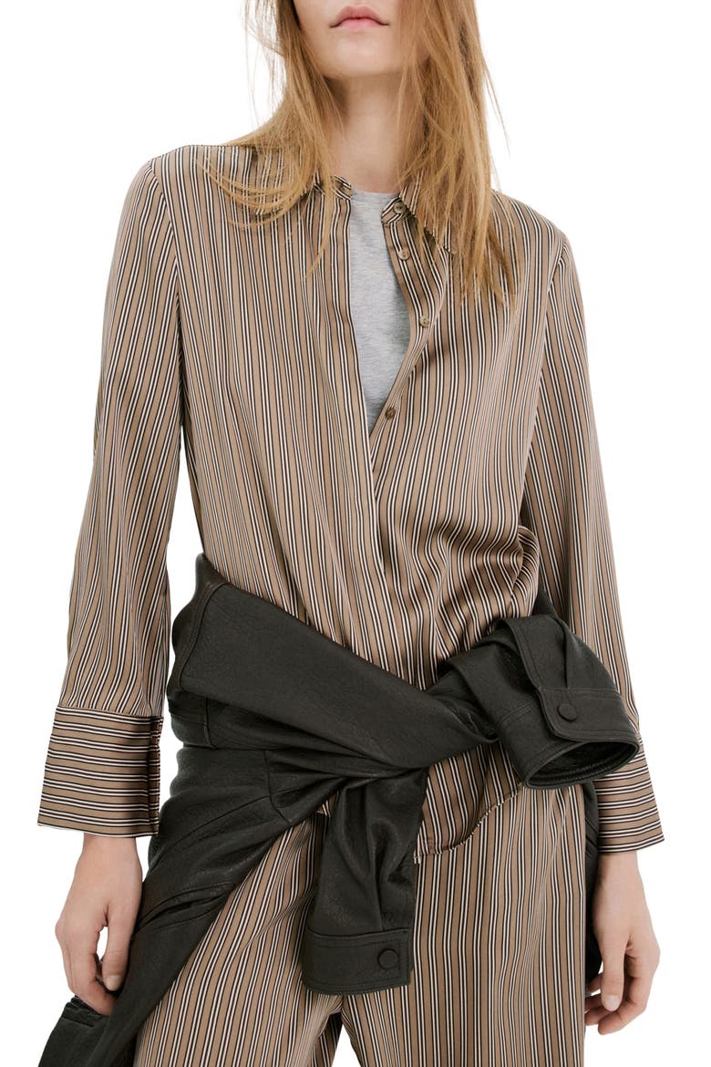 Stripe Satin Button-Up Shirt, Main, color, MEDIUM BROWN