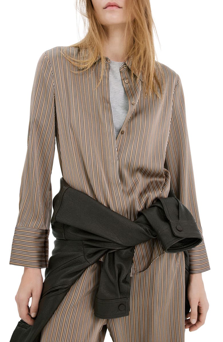 MANGO Stripe Satin Button-Up Shirt, Main, color, Medium Brown