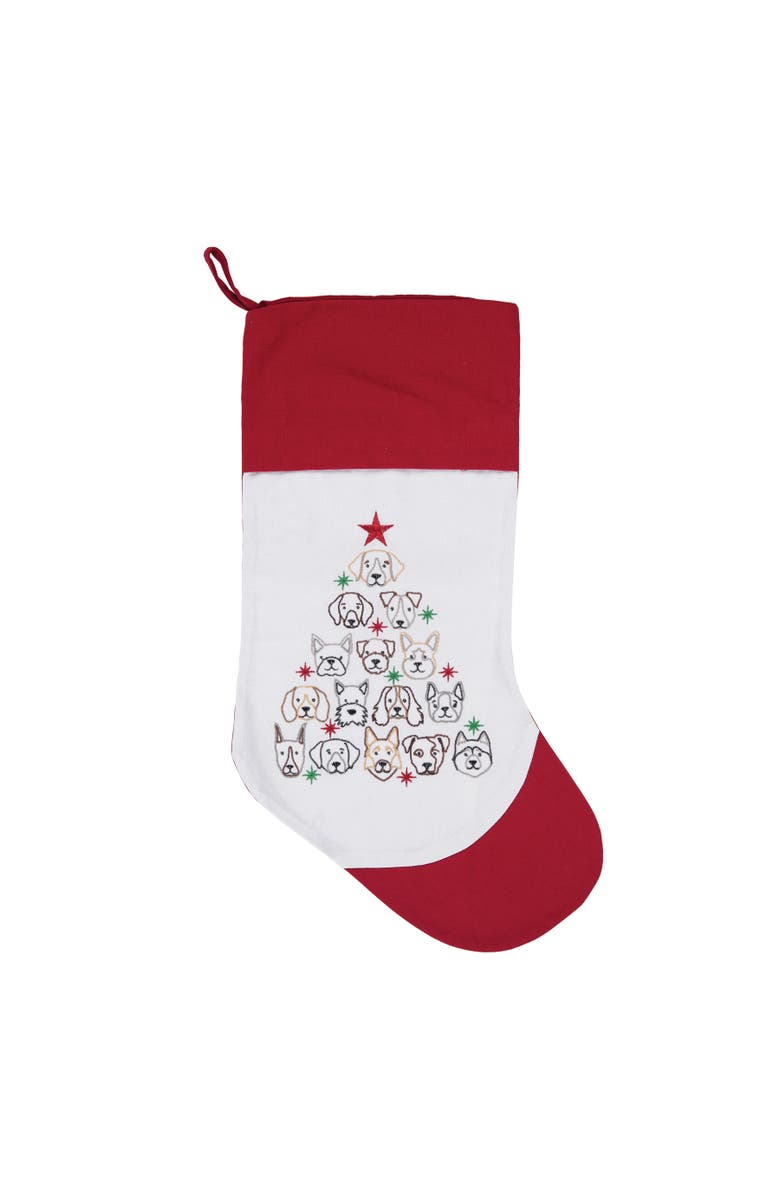 C&F Home Dog Themed Embroidered Christmas Stocking on White Background with Red Cuff Features Dog Face Christmas Tree Stocking 20.0 in., Main, color, Red