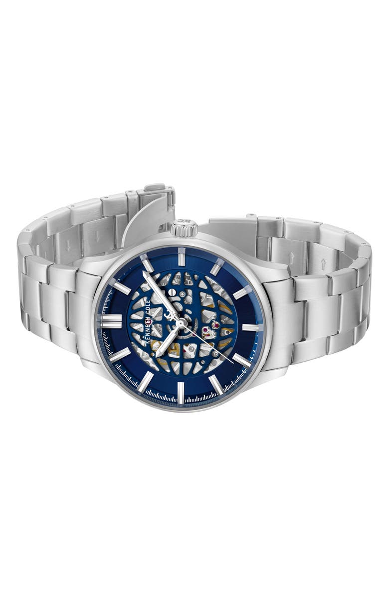 Kenneth Cole New York The Thompson Skeleton Automatic Bracelet Watch, 43.5mm, Alternate, color, Silver