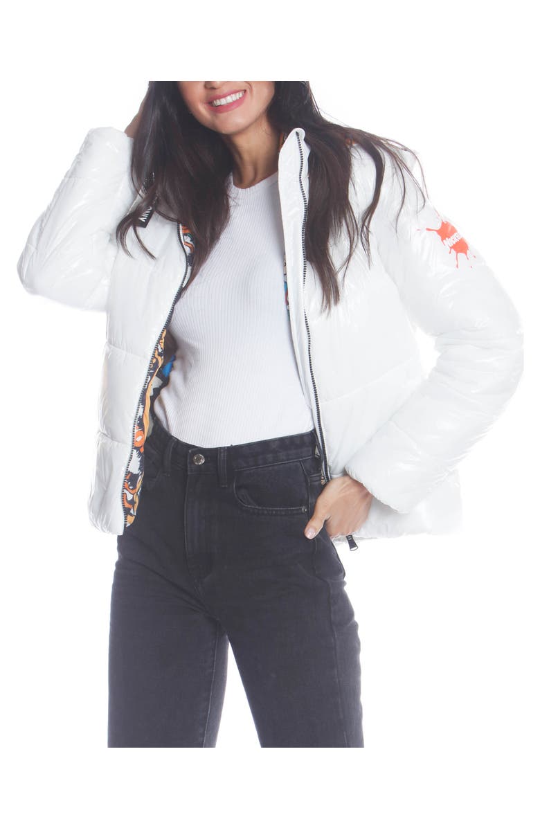 Members Only Women's Hi-Shine Chevron Quilt Puffer with Nickelodeon Mashup Print Lining Jacket, Main, color, 