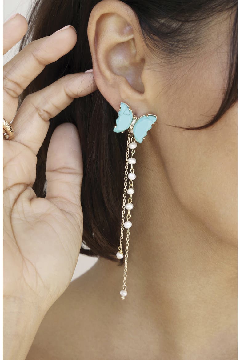 Turquoise Butterfly & Freshwater Pearl Front/Back Earrings, Alternate, color, TURQUOISE