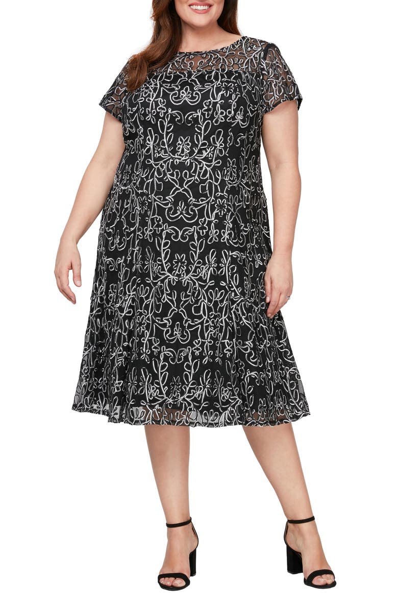 Sheer Yoke Soutache Cocktail Dress, Main, color, BLACK IVORY
