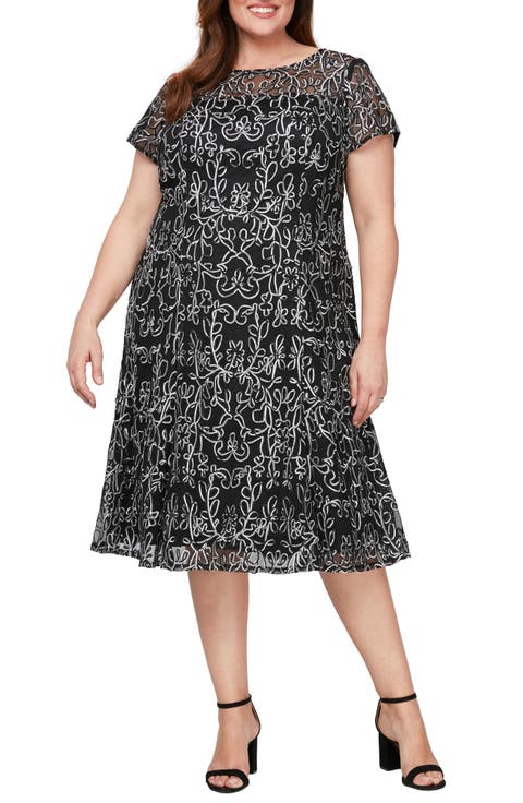 Sheer Yoke Soutache Cocktail Dress (Plus)