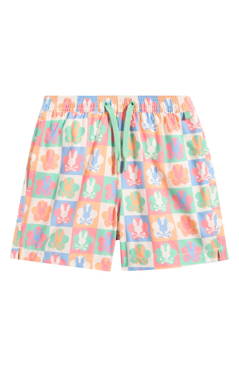 Psycho Bunny Kids' Aiden Bunny Print Swim Trunks, Main, color, Pristine