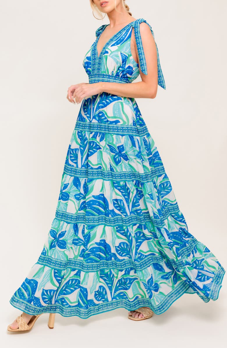 FLYING TOMATO Floral Tie Shoulder Maxi Dress, Alternate, color, Ivory/ Blue Multi