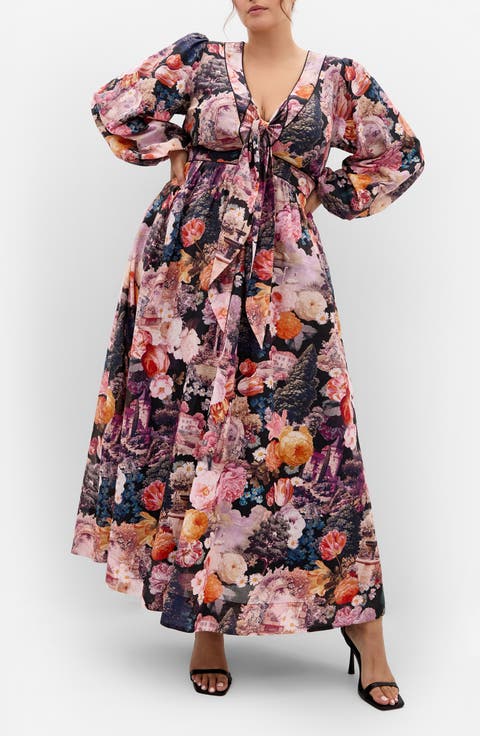 Sheer Bloom Tie Front Long Sleeve Maxi Dress