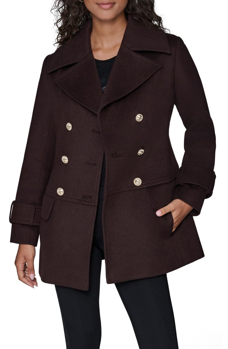 KARL LAGERFELD PARIS Low Waist Double Breasted Wool Blend Peacoat, Main, color, Chocolate