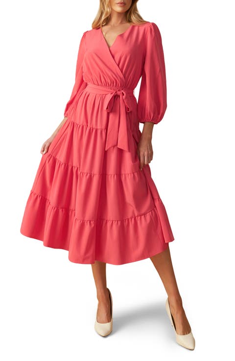 Long Sleeve Faux Wrap Midi Dress