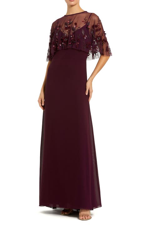 Sleeveless Embellished Cape Evening Gown