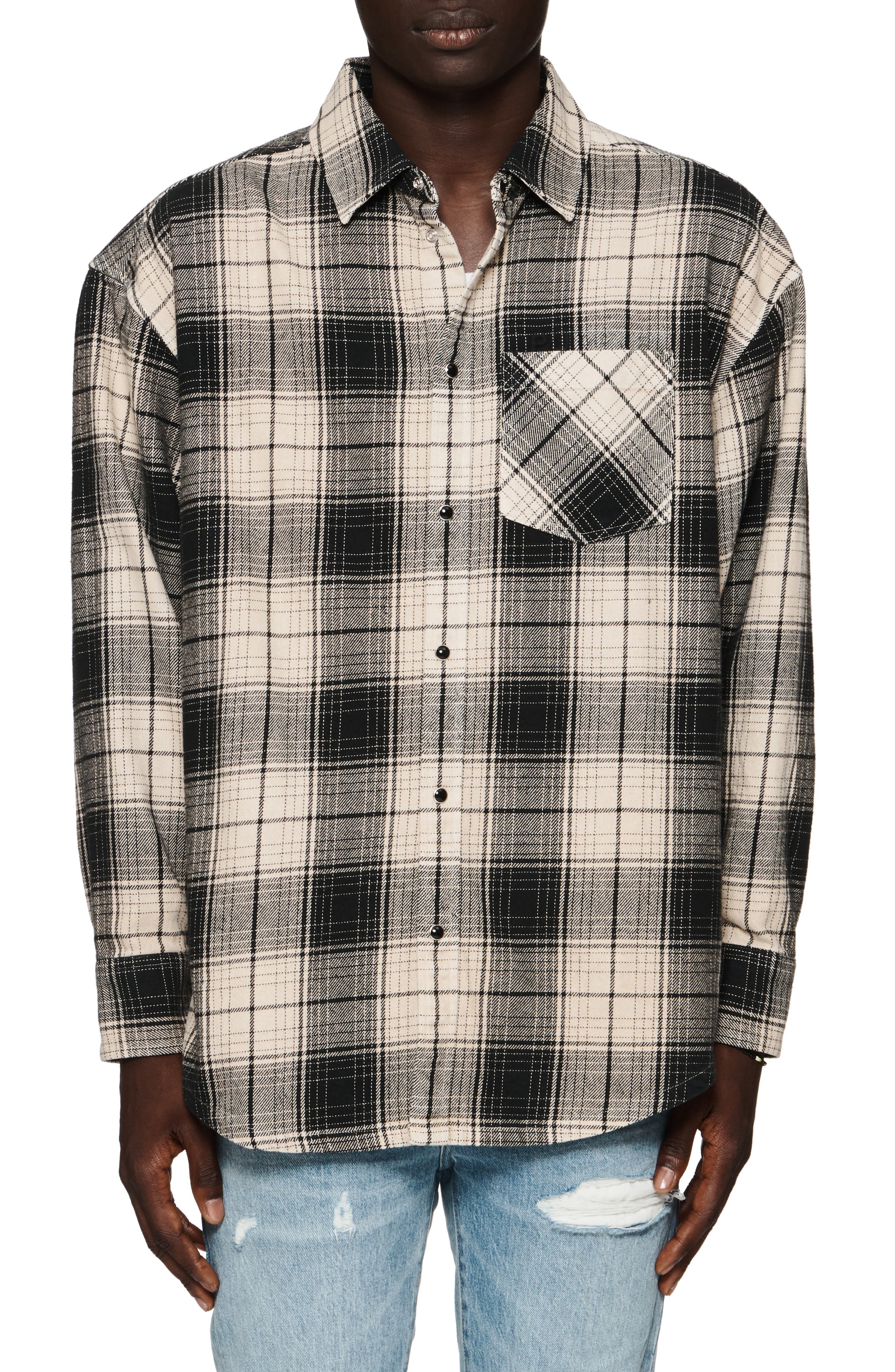 PURPLE BRAND Oversize Plaid Snap-Up Western Shirt