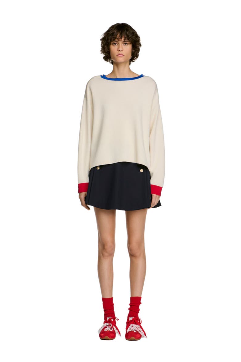 Contrast Round-neck Wool Sweater, Main, color, Ecru