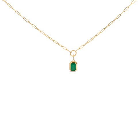 10K Yellow Gold Emerald Cut 6x4 MM Green Emerald Solitaire Pendant Necklace