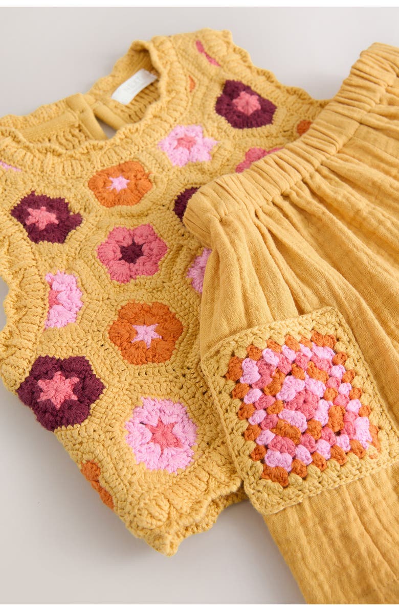 NEXT Kids' Floral Crochet Top & Cotton Gauze Shorts Set, Alternate, color, Yellow Multi