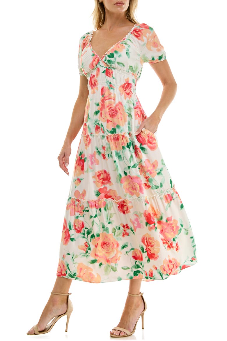 Tiered Midi Dress, Alternate, color, IVORY CORAL FLORAL
