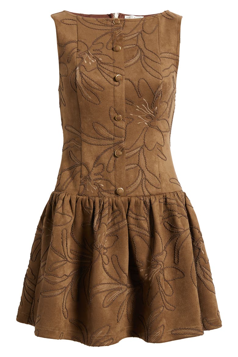 Embroidered Sleeveless Faux Suede Minidress, Main, color, BROWN