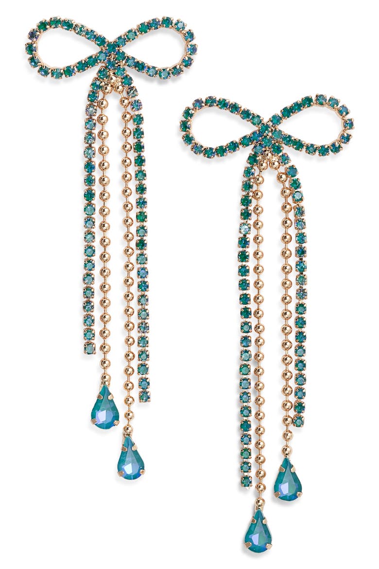 Stone Crystal Bow Drop Earrings, Main, color, EMERALD- GOLD
