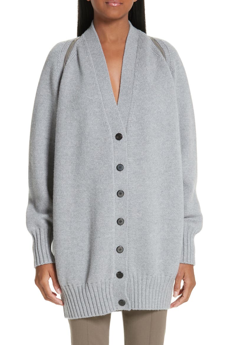 Zip Shoulder Merino Wool Cardigan, Main, color, HEATHER GREY