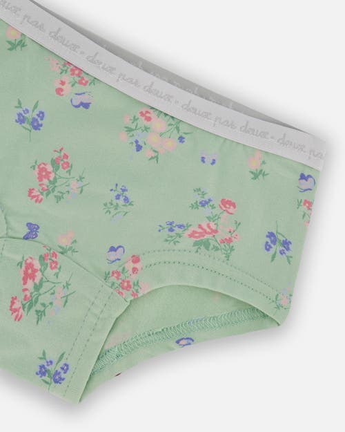 Deux Par Deux Girl's Printed Organic Cotton Boyshort Panty Small Pink And Blue Flowers On Light Sage In Pink And Blue Flowers