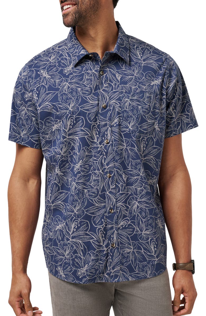 TravisMathew Sunset Sippin Floral Short Sleeve Button-Up Shirt, Main, color, Mood Indigo