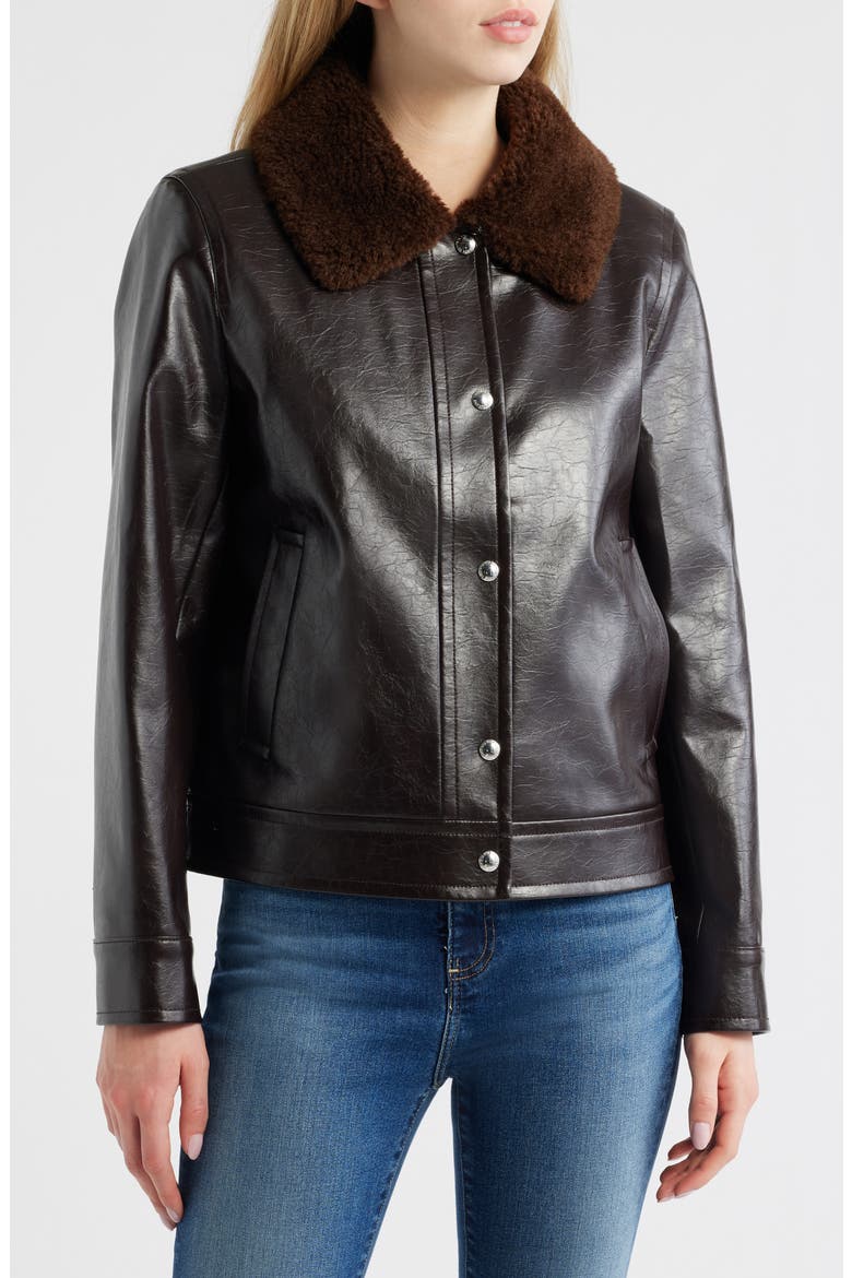Slim Fit Faux Leather Jacket With Faux Fur Collar, Alternate, color, DARK BROWN