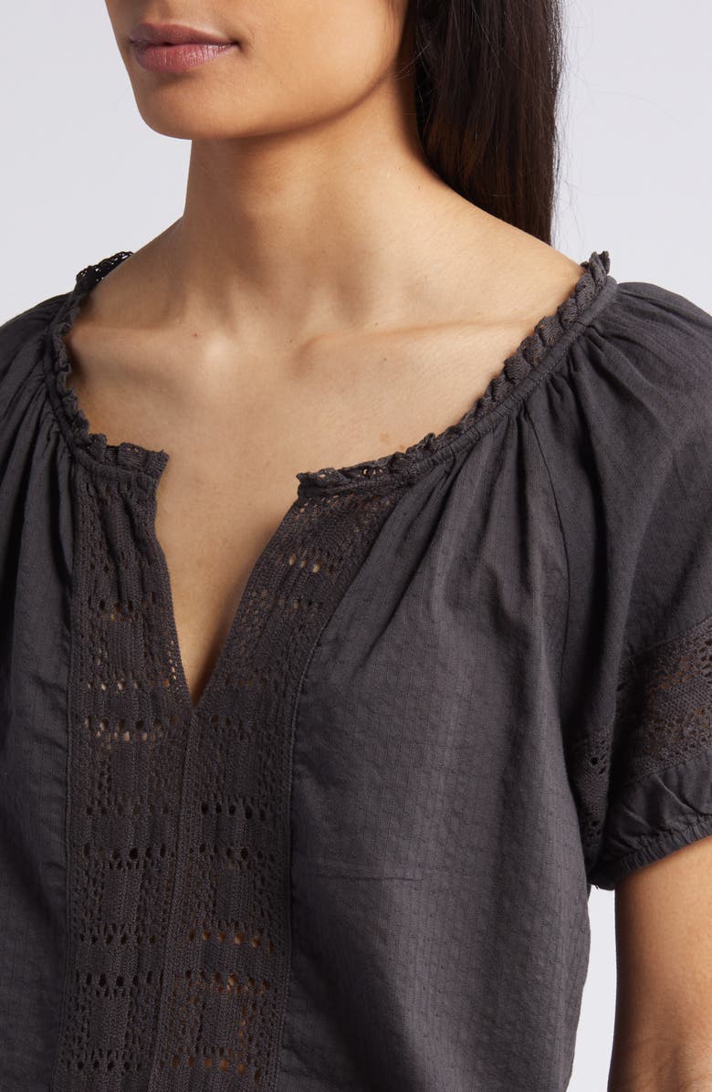 Lucky Brand Granny Square Crochet Accent Puff Sleeve Cotton Top, Alternate, color, 